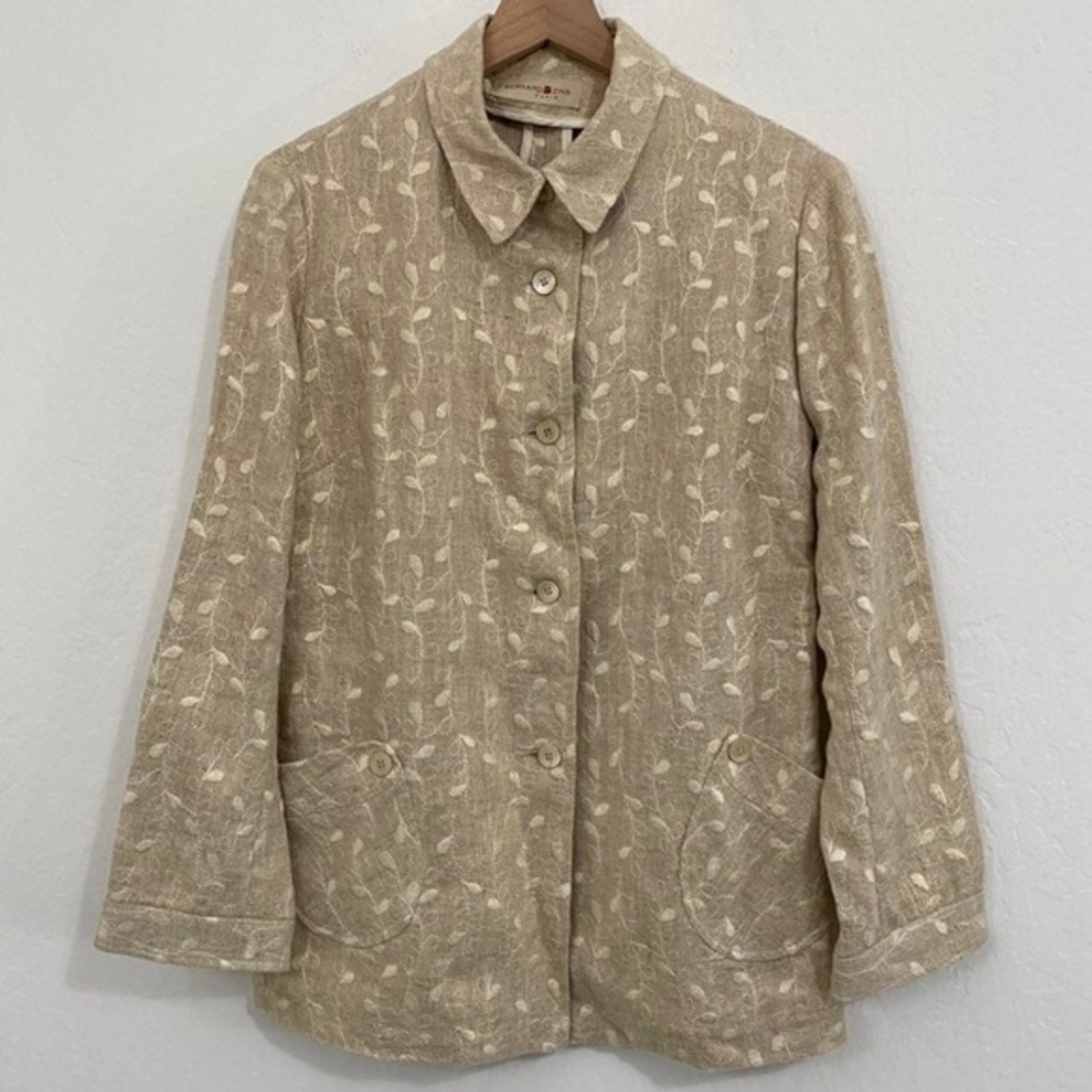 Bernard Zins Women's 8 Khaki Metallic Floral Embroidered Linen Jacket Button up